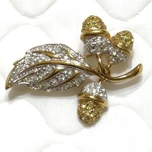 Carolee Acorn Oak Leaf Brooch Gold Silver Tone Clear Rhinestones Vintage